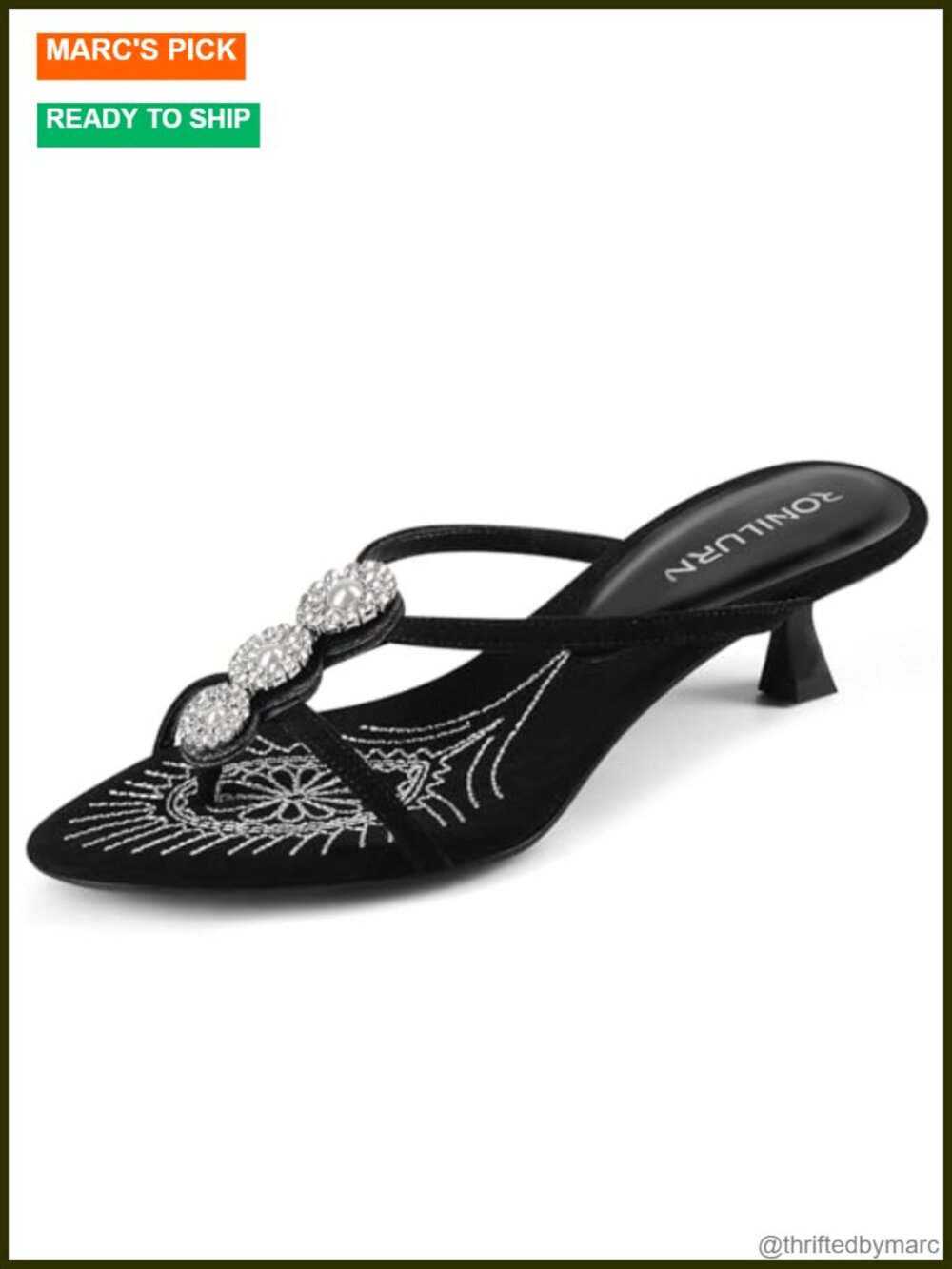 Rhinestone Pearl Kitten Heel Thong Sandals Women's Slip On Low Heel Party Shoes